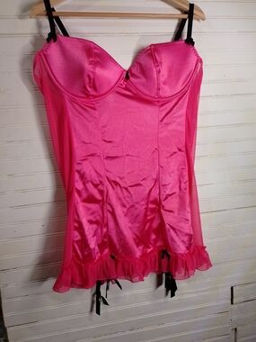 Dreamgirls 1XL/2XL Pink Satin Bustier Chemise with Ruffle Hem - Women Intimates